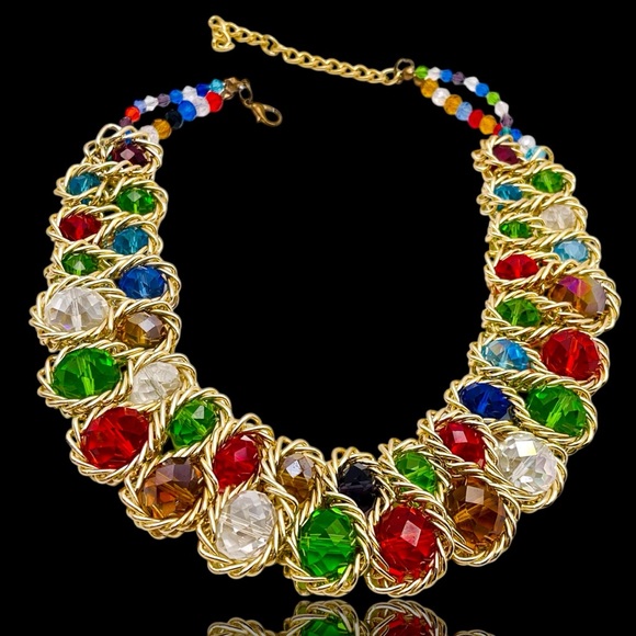 Holiday Jewelry - Dramatic Colorful Faceted Glass Beads Choker Bib Necklace Holiday Dazzle